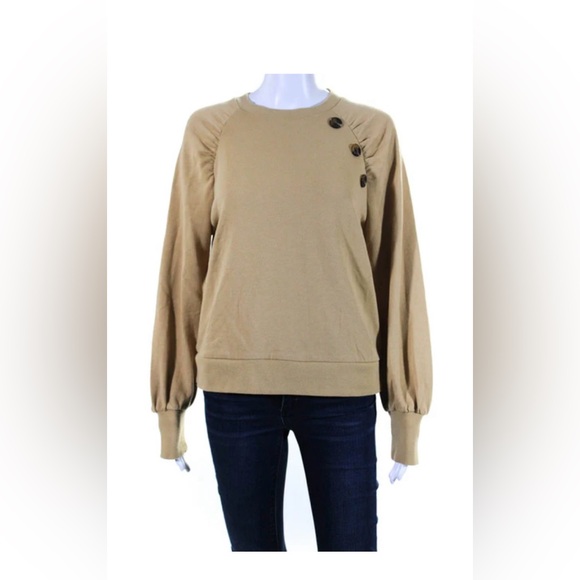 Who What Wear Womens Side Button Ruched Crew Neck Beige Sweatshirt - Picture 1 of 9